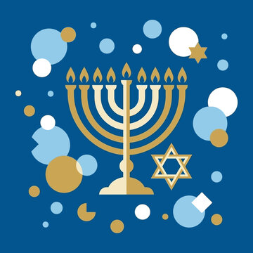 Golden menorah and Star of David on a blue background for Hanukkah