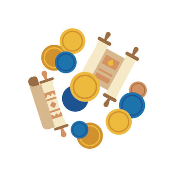 Flat vector illustration of Torah scrolls and Hanukkah gelt coins