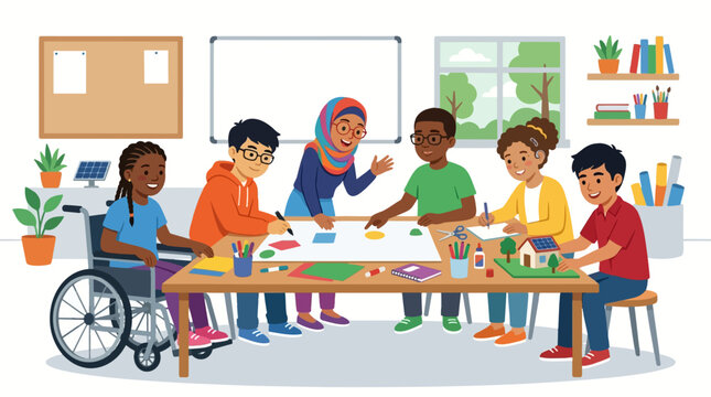 Inclusive Classroom Learning: A diverse group of children, including one in a wheelchair, collaborates around a table in a bright classroom, engaged in a creative learning activity.