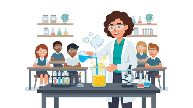 Science Class Experiment: A cheerful female scientist leads an engaging science class experiment, demonstrating a chemical reaction in a laboratory setting with attentive students.