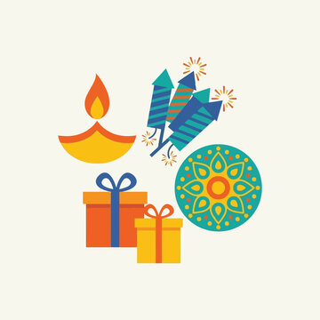 Flat vector illustration of traditional Diwali festival elements on a plain background