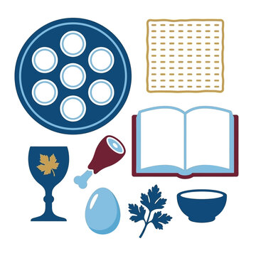 Flat vector icons of traditional Jewish Passover Seder symbols on a white background