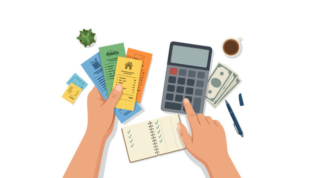 Personal Finance Management: Hands-on approach to managing personal finances, with bills, cash, a calculator, a notebook, and a coffee cup on the table, symbolizing budgeting and financial planning.