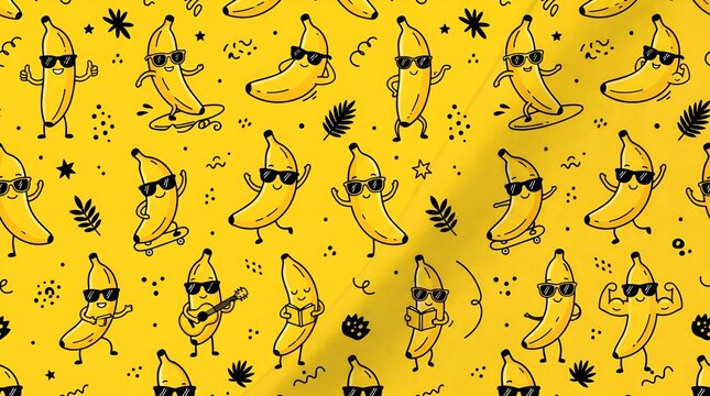 Seamless pattern with cute cartoon bananas wearing sunglasses.