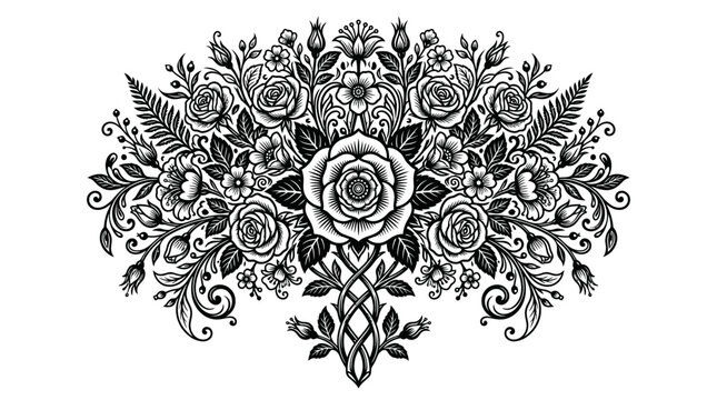 Symmetrical rose floral bouquet ornament black and white