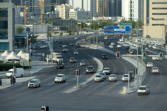 Doha, Qatar - July 11, 2026:  Aerial View of Bank Street. Doha Roads and Traffic signals