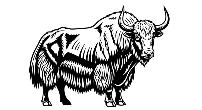 Standing yak musk ox woodcut animal illustration