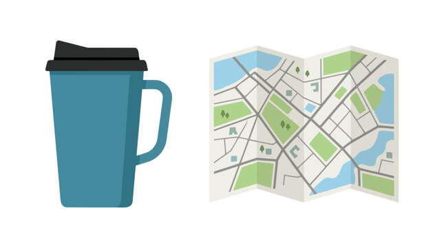 Travel Essentials: A blue travel mug and a folded city map represent the perfect companions for any adventure, ready to guide and refresh explorers on their journey.