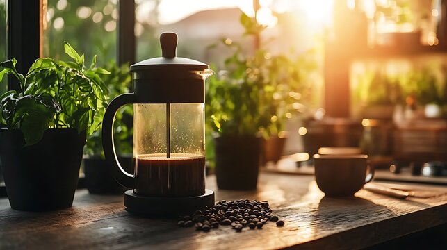 Coffee maker, plants, morning sun