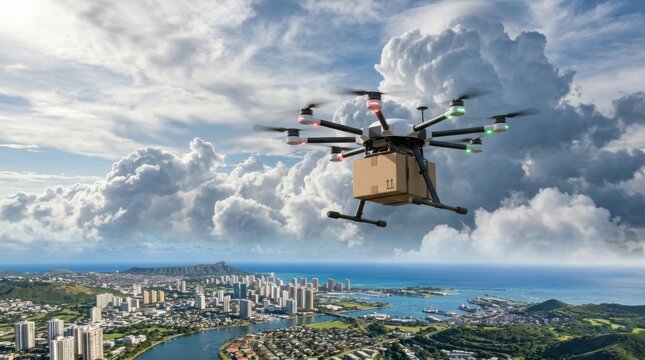 Drone Delivering Package over City Ocean and Clouds for Logistics
