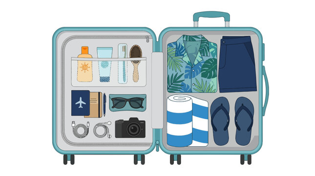 Open Suitcase Packed for Vacation: An open suitcase filled with essential vacation items including clothing, toiletries, passport, camera, and sunglasses, ready for a summer getaway.