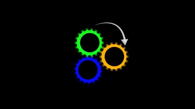 Gears interlock in a mechanical formation with a red arrow showing rotation on a dark digital grid background that symbolizes the precision of advanced technology and sophisticated software.