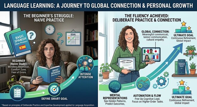 Educational infographic illustrating language learning journey from beginner naive practice to deliberate fluency and global connection.