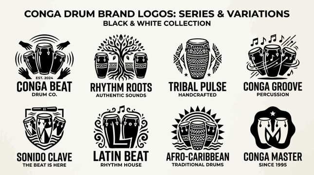 Conga Drum Logos: Black & White Collection Featuring Rhythm, Music, and Latin Beat Designs