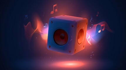 Naklejka premium Floating cube speaker with glowing orange sound waves