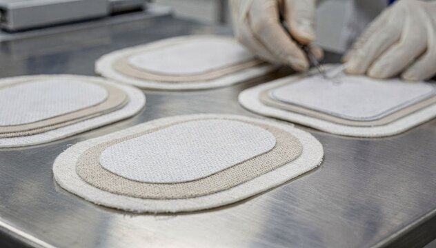 Fabricbased biodegradable electrode pads being crafted in a clean industrial setting emphasizing skinsafe materials and textile integration for medical applications.
