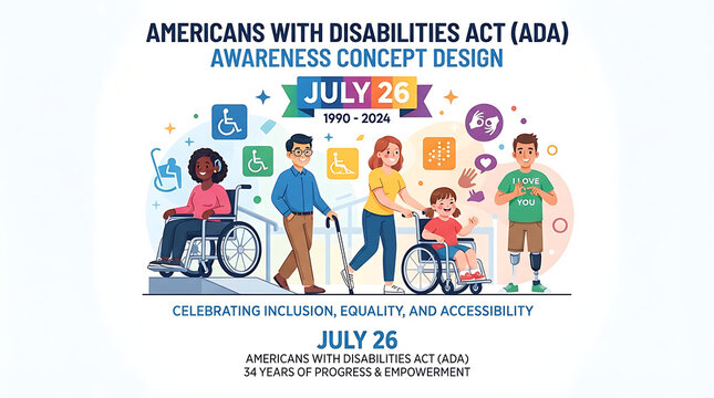  "JULY 26" and "1990&ndash;2024," with text "CELEBRATING INCLUSION EQUALITY AND ACCESSIBILITY" and "34 YEARS OF PROGRESS & EMPOWERMENT."