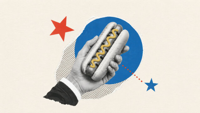 USA summer hot dog with mustard in hand, patriotic red white and blue paper collage for barbecue holiday cookout