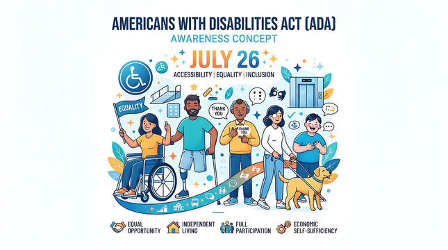 Disabilities Act (ADA) awareness featuring "JULY 26," diverse people with disabilities (wheelchair, prosthetics, cane, guide dog), a wheelchair-accessible symbol, and principles: "EQUAL OPPORTUNITY," 