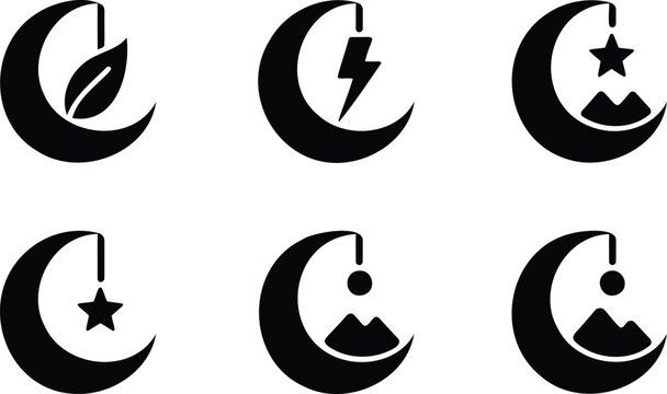 Set of crescent moon icons with various symbols inside  leaf lightning star mountain
