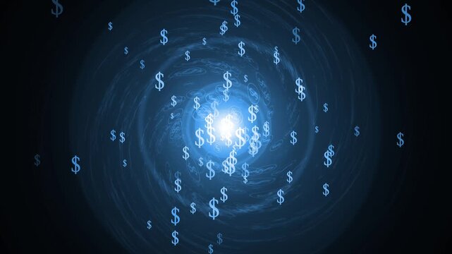 Abstract dark spiral tunnel with floating dollar signs and bright light in the center animation, Money symbols in dark spiral tunnel animated background
