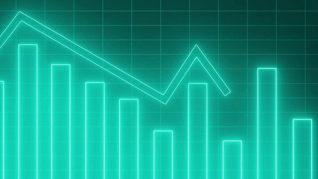 Neon-style glowing bar chart ascending then descending bars and a line trend animation