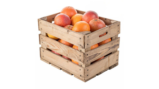 Wooden crate full of fresh organic ripe oranges summer harvest isolated on transparent background