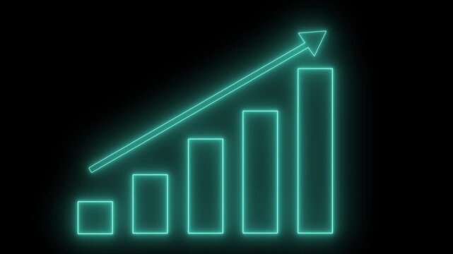 Glowing neon-style bar chart showing upward-trending bars with diagonal arrow animation