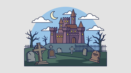A spooky medieval castle stands behind a dark graveyard under the crescent moon © cemif