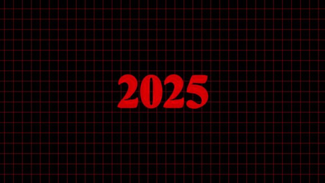 Numbers display twenty twenty five in a bold red hue centered over a dark digital grid background, representing upcoming annual planning, future projections, and modern calendar year visualization.
