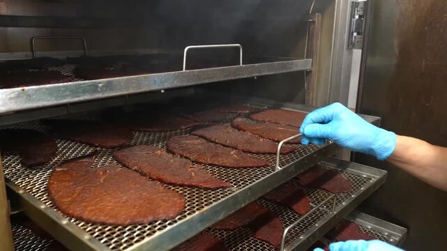 This professional food manufacturing process demonstrates the steps of preparing, smoking, and packaging thin beef slices into seasoned jerky for retail, maintaining high quality and food safety stand