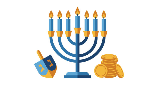 Blue menorah with lit candles next to a dreidel and gold coins