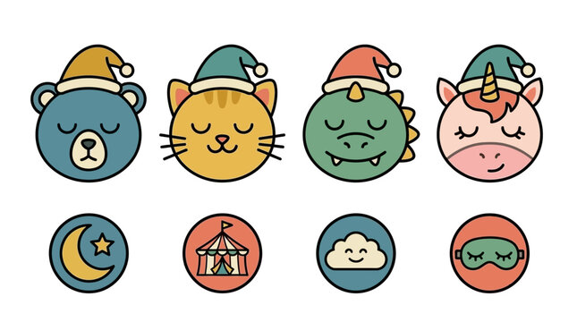 Cute sleeping animal faces wearing nightcaps with whimsical bedtime icons