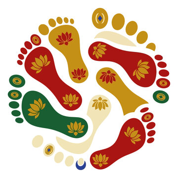 Traditional Indian Lakshmi footprints decorated with lotus motifs for Diwali festival