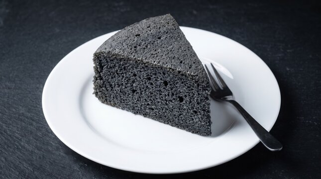 A slice of dark charcoal grey cake sits on a white ceramic plate with a silver fork on a black slate background.