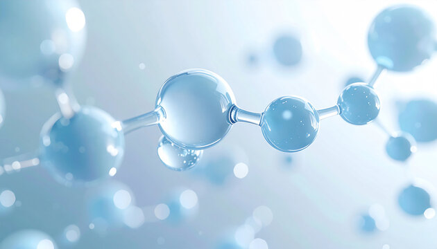 ブルーの美容成分分子モデル、透明感のあるスキンケア化粧品の抽象背景 / Blue beauty ingredient molecule model with transparent skincare cosmetic abstract background