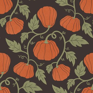Seamless pumpkin pattern with autumn vines and leaves on dark background, hand drawn fall harvest design for fabric, wrapping paper and wallpaper