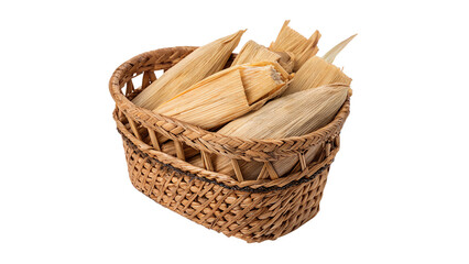 Wicker basket filled with traditional Mexican tamales wrapped in corn husks isolated on transparent background © novenko-png