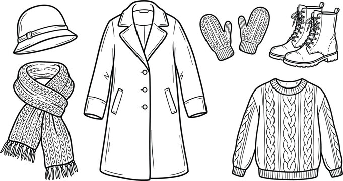 Winter clothes and apparel collection outline vector icon set for coloring book