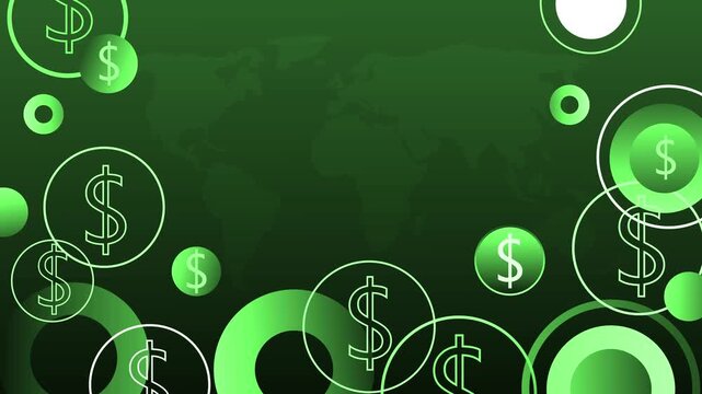 Abstract dark financial background with dollar signs in circles and a world map pattern animation