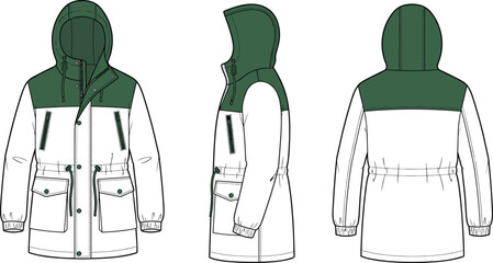 Fashion technical sketch of a hooded winter parka jacket in front, side, and back views © MdAminur