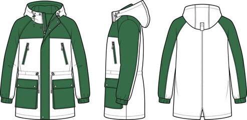 Technical fashion sketch of a hooded winter parka jacket in green and white color block design © MdAminur