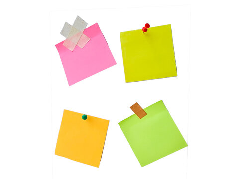 Colorful sticky notes with push pins and tape, office reminder paper squares, bright stationery for planning and messages isolated PNG with Transparent Background