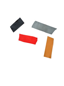 Colorful adhesive tape pieces, textured fabric repair strips in black gray red orange, DIY crafting and patchwork supplies isolated PNG with Transparent Background