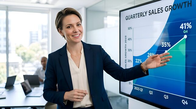 Confident businesswoman presents positive quarterly sales growth chart.