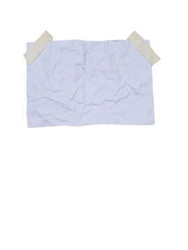 Crumpled white paper note taped with beige masking tape, wrinkled blank memo sheet texture for message and reminder isolated PNG with Transparent Background