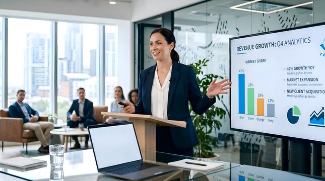 Confident Female presenter at podium, discussing revenue growth at modern office meeting