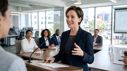 Naklejka premium Confident Female Speaker Addresses Boardroom Audience in Modern Office Meeting
