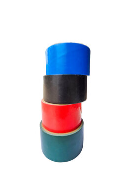 Stack of colorful duct tape rolls in blue, black, red, and green isolated on white background