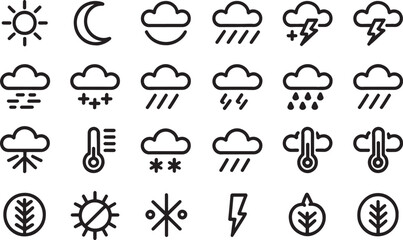 Naklejka premium Weather Icons Set with Black Line Art Design Including Sun, Moon, Clouds, Rain, Snow, Thunder, and Temperature Symbols